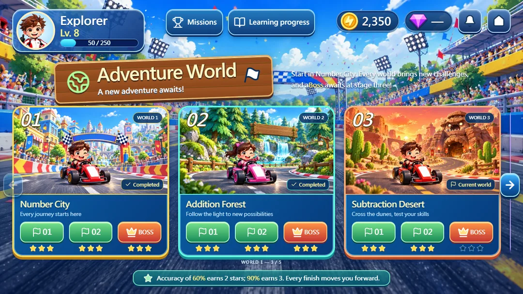 NumRacer adventure preview of Number City, Addition Forest and Subtraction Desert