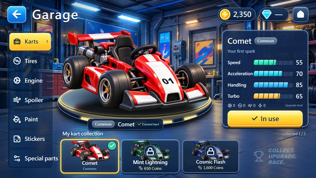 NumRacer kids' math game garage and kart customization preview