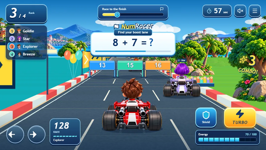 NumRacer math racing preview: choose answers and build Turbo